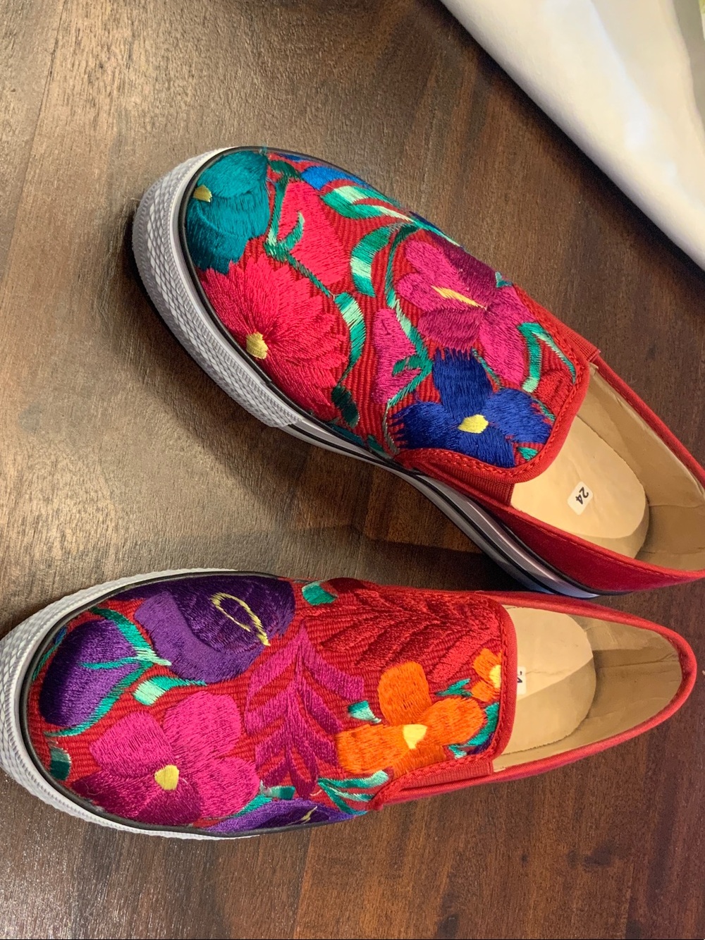 Embroidered Red Floral Slip-On Sneakers - Women